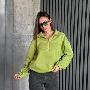 Olive Oversized Hoodie with Half Zip, Cotton Intersoft Fleece Sweatshirt, Relaxed Fit Cozy Streetwear