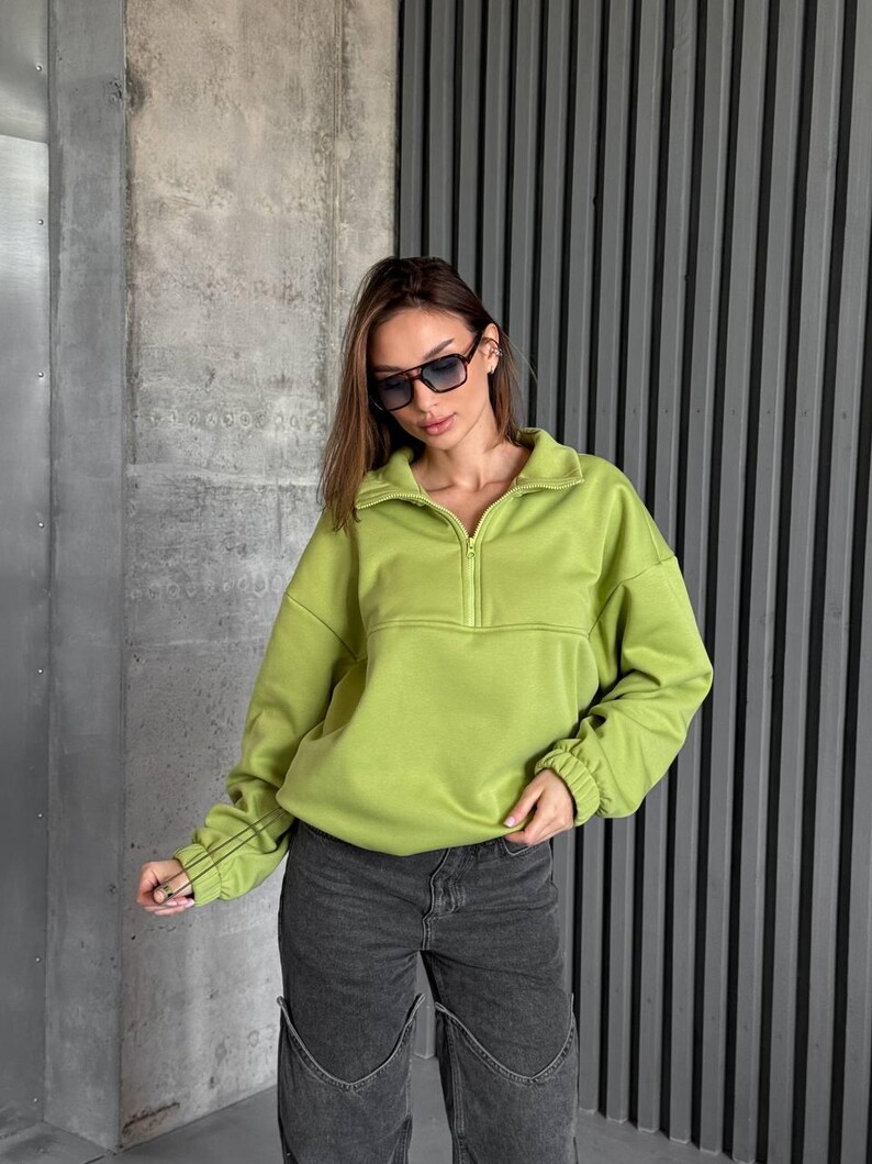 Olive Oversized Hoodie with Half Zip, Cotton Intersoft Fleece Sweatshirt, Relaxed Fit Cozy Streetwear