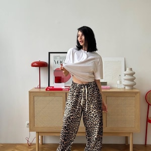 Leopard Print Cotton Denim Jogger Pants: Street Style Trousers