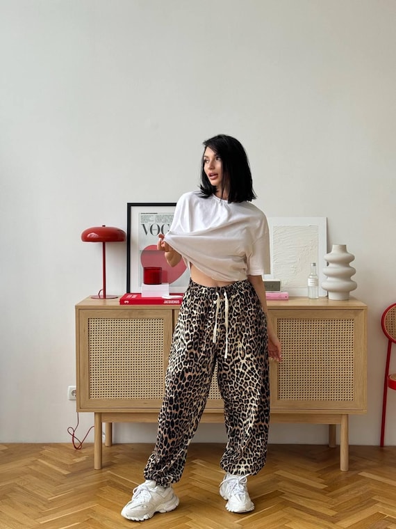 Leopard Print Cotton Denim Jogger Pants: Street Style Trousers