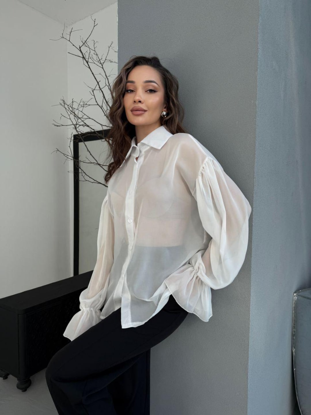 sheer over flare blouse（ivory） Organza Sheer Ivory Bridal Blouse Cover Up, Modern Bridal