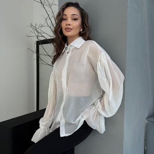 White Silk Sheer Oversized Chiffon Blouse – Luxury Transparent Shirt for Women – Long Sleeve Elegant Top