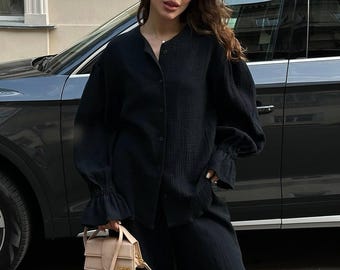 Black Muslin Two Piece Set Women Cotton Lounge Outfit Button Shirt Wide Pants Summer Set Lightweight One Size