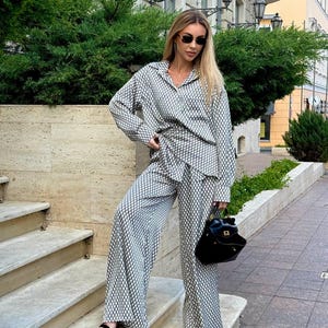 Silver Satin Set: Oversized Shirt, Wide Leg Pants, Matching Scarf