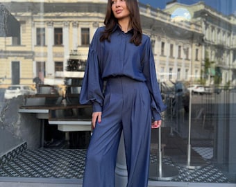 Oversized Tencel Denim Set: Wide-Leg Pants & Voluminous Blouse