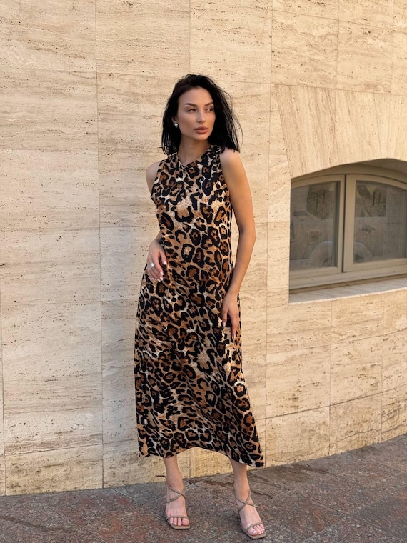 Leopard Print Maxi Dress: Ribbed Stretch Jersey, Slim Fit