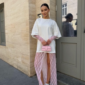 Pink Lace Maxi Skirt Set: Sheer Floral Gloves & Oversized Tee