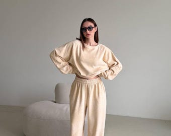 Ivory Viscose Plush Relaxed Fit Lounge Set