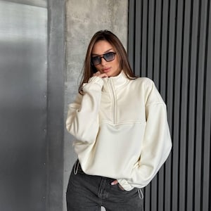 Ivory Oversized Hoodie with Half Zip, Cotton Intersoft Fleece Sweatshirt, Relaxed Fit Cozy Streetwear