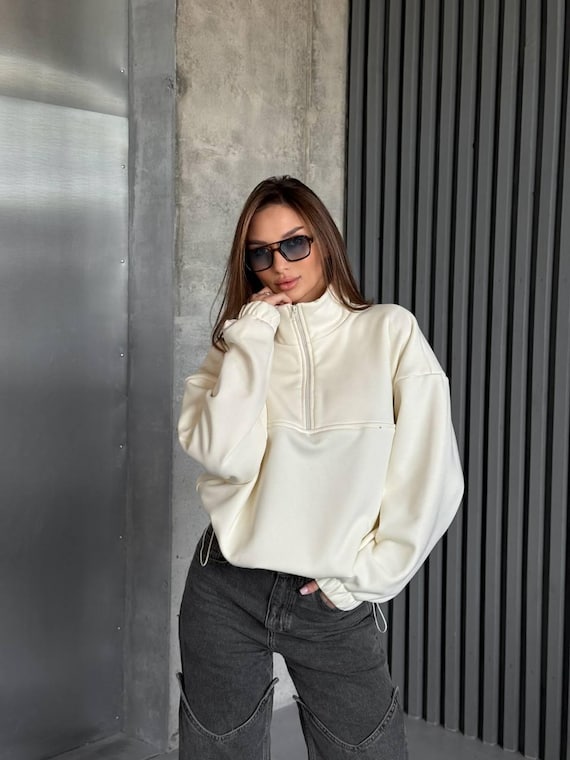 Casual Ivory Hoodie, Oversized Cotton Fleece (Half Zip, Relaxed Fit)