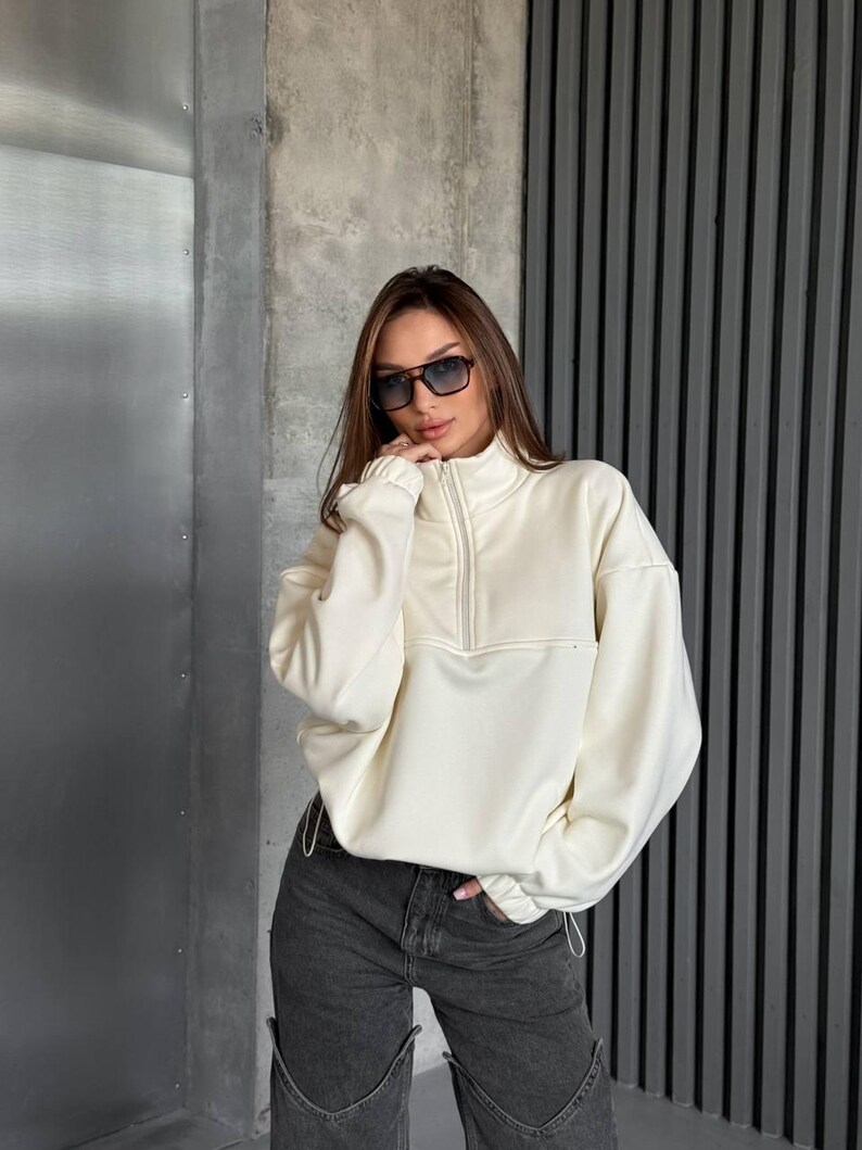 Ivory Oversized Hoodie with Half Zip, Cotton Intersoft Fleece Sweatshirt, Relaxed Fit Cozy Streetwear