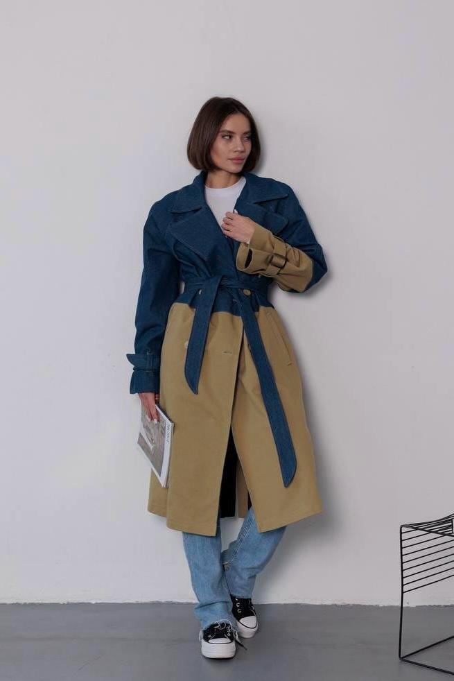 Two-Tone Denim Trench Coat: Oversized Belted Jean Jacket