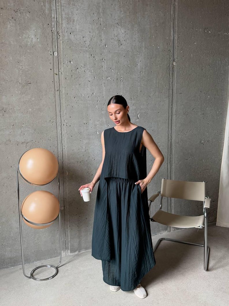 Emerald Viscose Tencel Set, Wide Leg Palazzo Pants Outfit, Oversized Sleeveless Tunic, Minimalist Summer Co Ord, Resort Wear