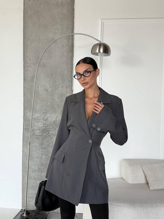 Gray Blazer Dress for Women - Tailored Long Jacket Dress with Lining
