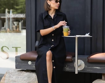 Black Linen Midi Shirt Dress: Short Sleeve Summer Dress With