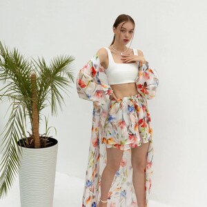 Boho Floral Kimono and Shorts Set – Sheer Lightweight Cover-Up with Double Shorts – Vacation Beach Outfit – Tencel Loungewear for Women