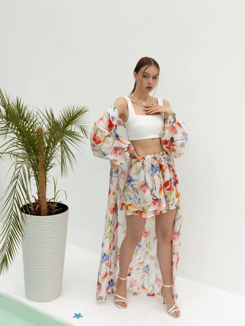 Boho Floral Kimono and Shorts Set – Sheer Lightweight Cover-Up with Double Shorts – Vacation Beach Outfit – Tencel Loungewear for Women