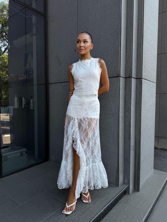 Lace Midi Skirt Set: Boho Style with Built-In Shorts - Summer Party Wear