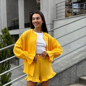 Yellow Cotton Muslin Set: Oversize Shirt & Ruffled Shorts