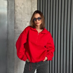 red Oversized Hoodie with Half Zip, Cotton Intersoft Fleece Sweatshirt, Relaxed Fit Cozy Streetwear