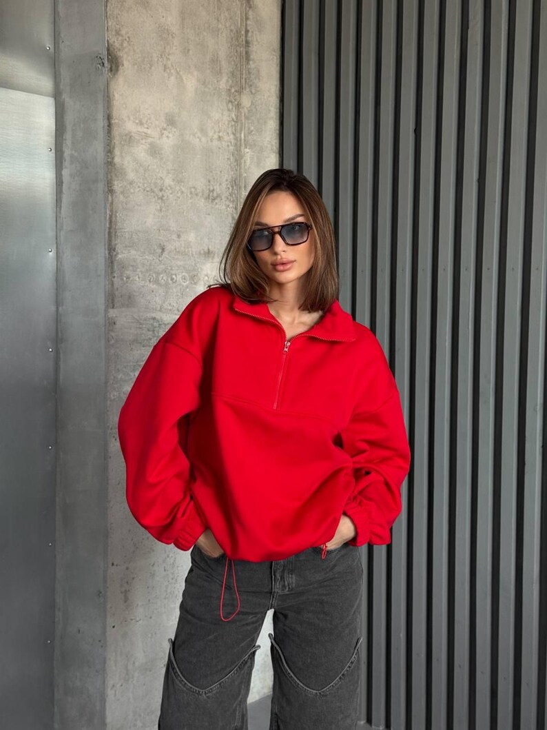 red Oversized Hoodie with Half Zip, Cotton Intersoft Fleece Sweatshirt, Relaxed Fit Cozy Streetwear