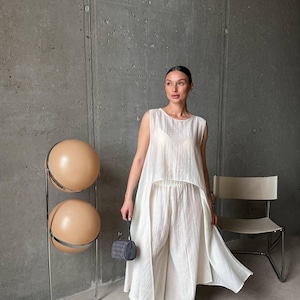 Ivory Viscose Tencel Set, Wide Leg Palazzo Pants Outfit, Oversized Sleeveless Tunic, Minimalist Summer Co Ord, Resort Wear