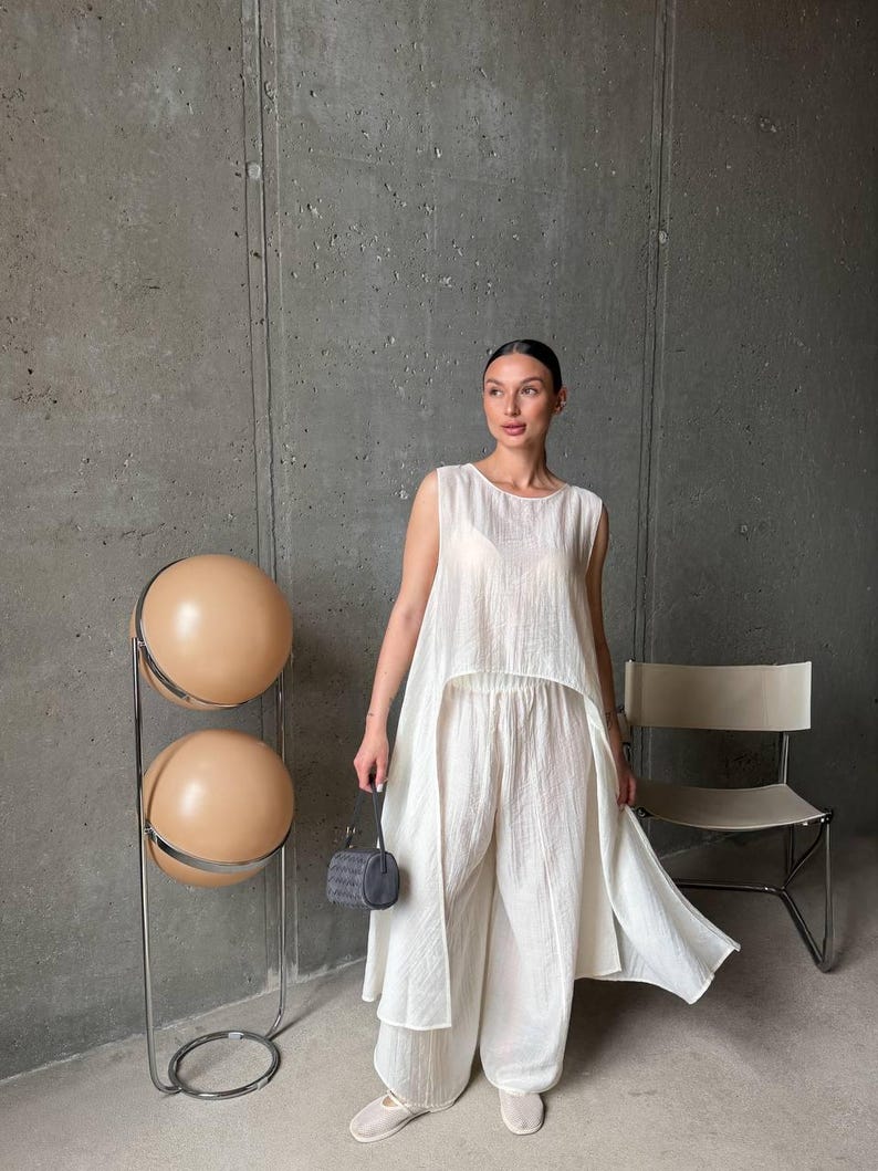 Ivory Viscose Tencel Set, Wide Leg Palazzo Pants Outfit, Oversized Sleeveless Tunic, Minimalist Summer Co Ord, Resort Wear