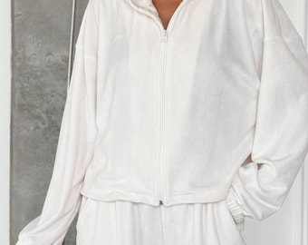 White Velour Tracksuit: Plush Velvet Loungewear Set