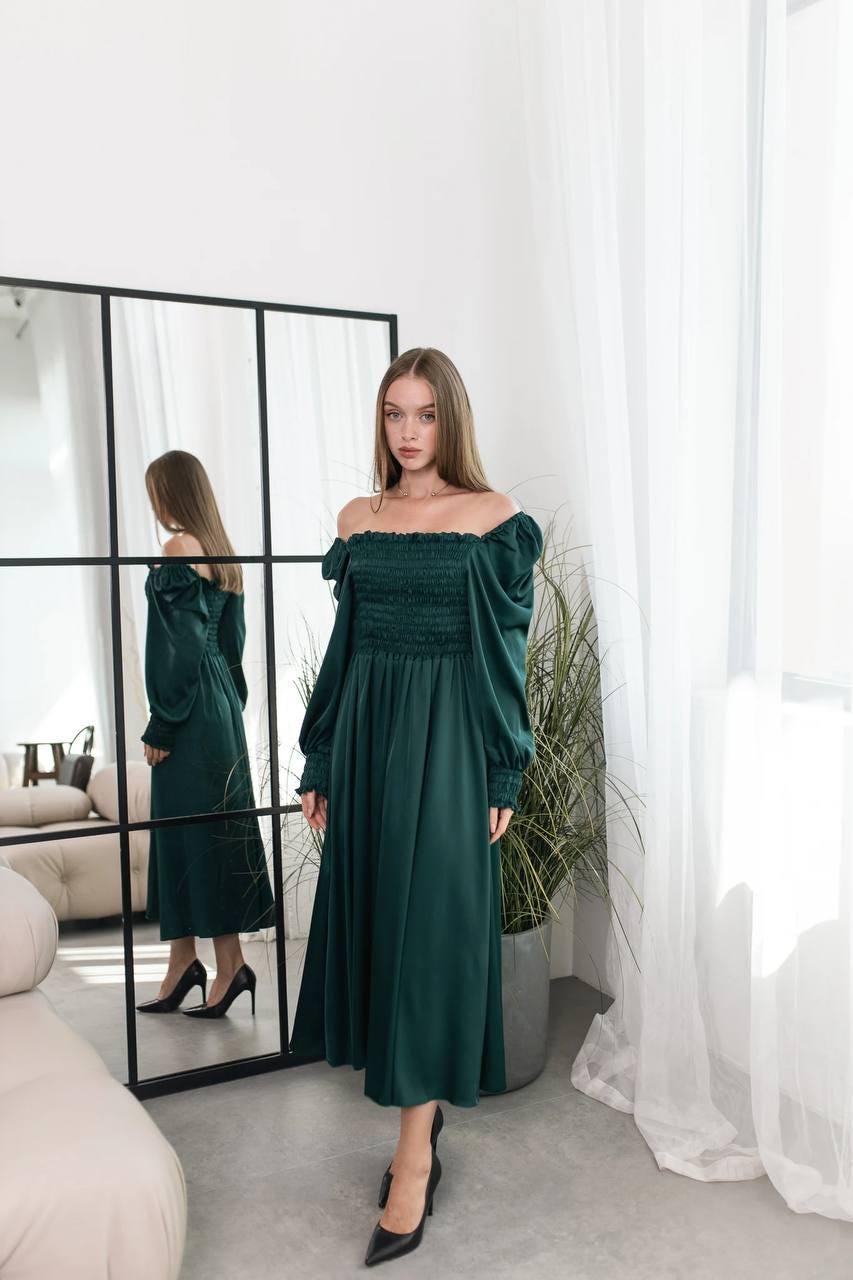 knee length dresses for ladies MEXICO Ruffled Off Shoulder Midi Dress with Slit (Emerald Green Linen) main image 1