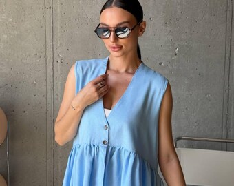 Sky Blue Linen Blend Vest and Wide Leg Pants Set