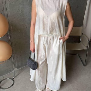 Ivory Viscose Tencel Set, Wide Leg Palazzo Pants Outfit, Oversized Sleeveless Tunic, Minimalist Summer Co Ord, Resort Wear