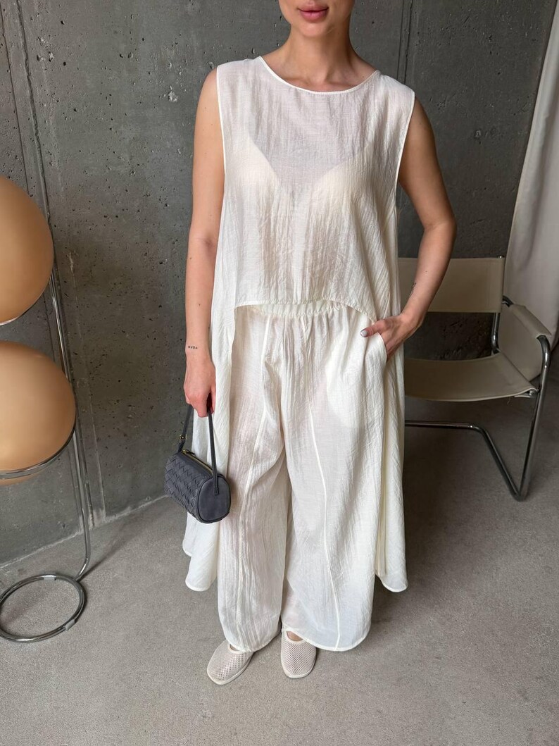 Ivory Viscose Tencel Set, Wide Leg Palazzo Pants Outfit, Oversized Sleeveless Tunic, Minimalist Summer Co Ord, Resort Wear