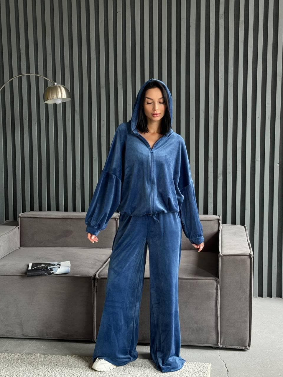 Blue Velour Tracksuit Set, Plush Zip Hoodie & Wide-leg Pants (one