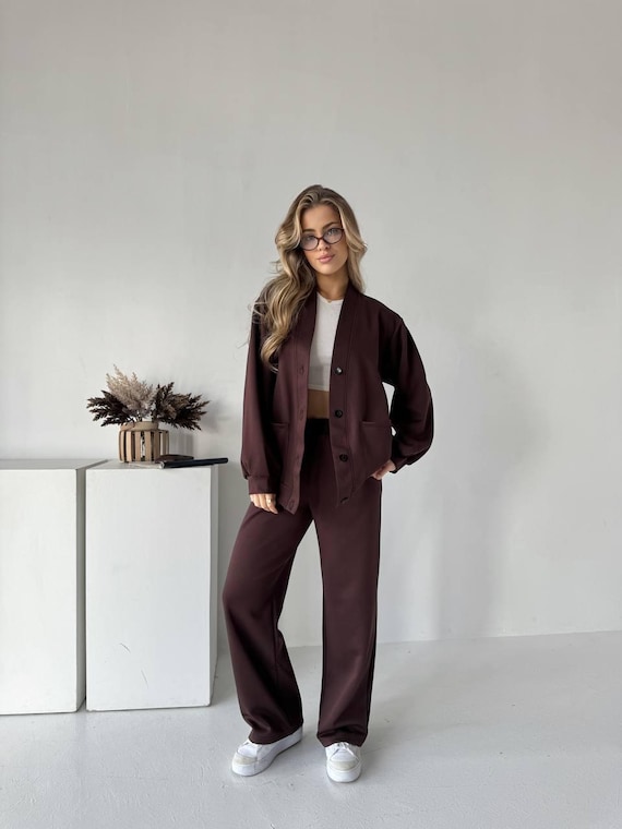 Chocolate Brown Italian Knit Set – Oversized Cardigan Straight