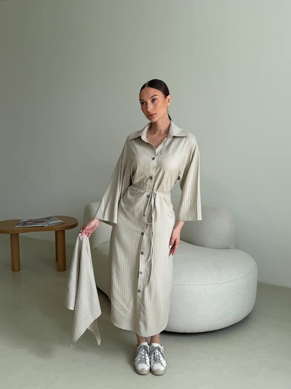 striped linen blend shirt dress Dash Striped Linen-blend Lace-up Neck Dress - Chambray Stripe