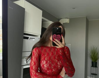 Sheer Red Lace Blouse - Guipure Long Sleeves, Elegant Fit