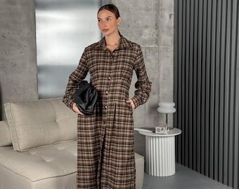 Beige Plaid Flannel Shirt Dress Midi, Cotton Button Front Dress, Warm Autumn Winter Dress