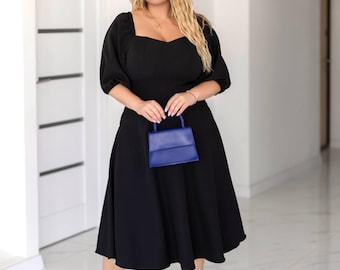 Elegantes schwarzes Midikleid in Übergröße - Klassisches A-Linien-Kleid mit Puffärmeln – formelles Kleid mit Reißverschluss hinten für Frauen 2XL–4XL - Brautjungfern-Roben