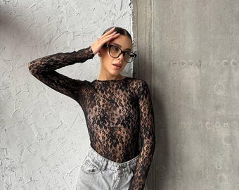 Black Lace Bodysuit, Sheer Long Sleeves (XS-S / M-L)