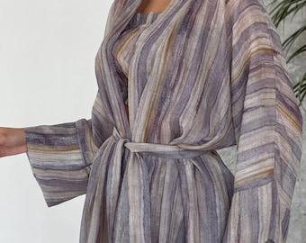 Striped Tencel Lounge Set: Sheer Kimono, Crop Top & Shorts - Bridesmaid Robes