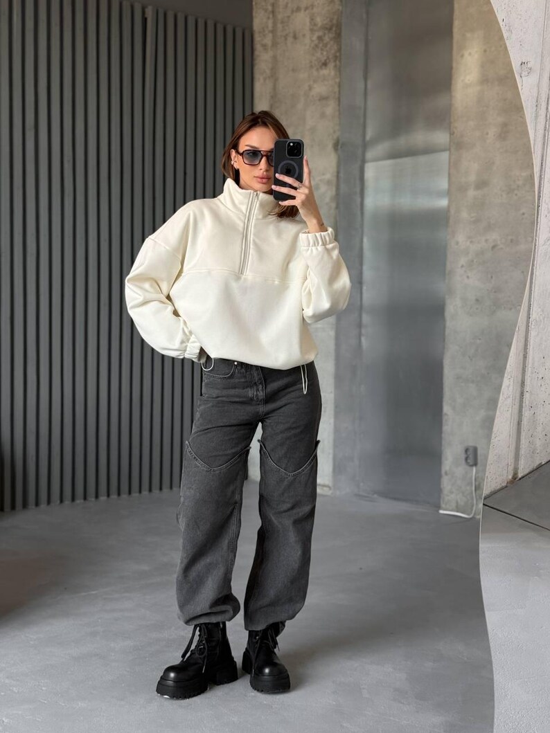 Ivory Oversized Hoodie with Half Zip, Cotton Intersoft Fleece Sweatshirt, Relaxed Fit Cozy Streetwear