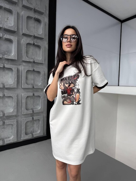 Oversized Cotton T-Shirt Dress: Rabbit Cartoon Print, Relaxed Fit