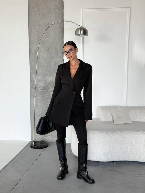 Gray Blazer Dress for Women - Tailored Long Jacket Dress with Lining