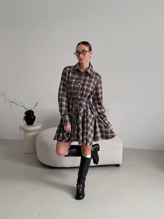 ladies flannel shirt dress Dress: Brown Plaid, Oversized Nevada biker apparel