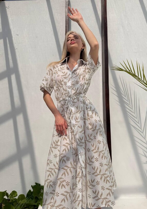 ivory shade dress Boho Midi Dress, Embroidered Cotton (adjustable Waist, Lightweight) color-twilight-storm