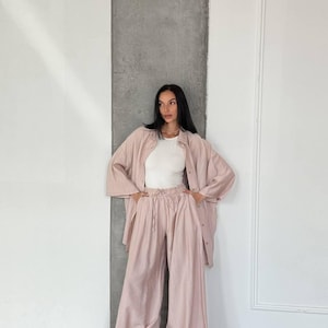 Oversized Two-Piece Summer Set – Crinkled Cotton Shirt and Wide-Leg Pants in Beige Bridesmaid Robes