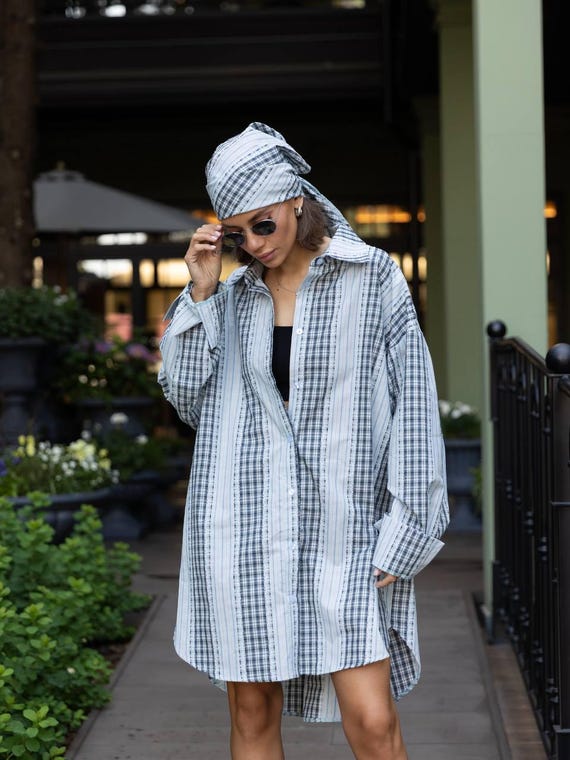 Blue Striped Cotton Kaftan Dress With Head Scarf: Boho Beach Cover