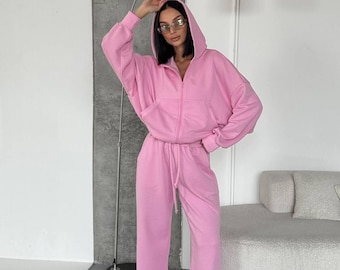 Pink Oversized Tracksuit Set: Women's Hooded Sweatsuit Loungewear