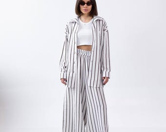 Striped Modal Loungewear Set: Oversized Shirt & Wide-Leg Pants