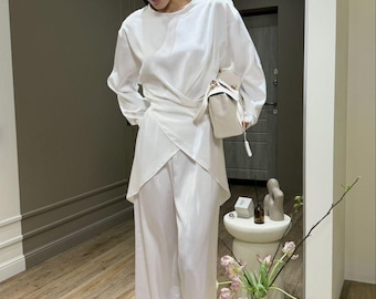 Milk Silk Set Women Wide Leg Pants & Wrap Blouse Silk Elegant Outfit Two Piece Suit
